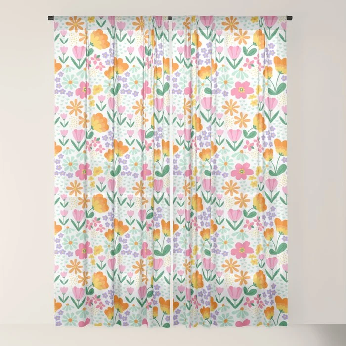Colorful retro flower folk art pattern Window Curtain