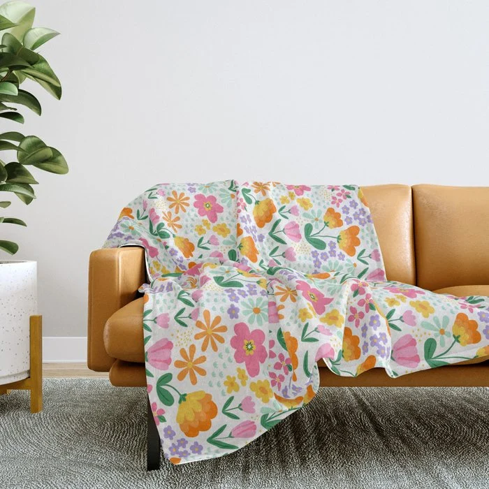 Colorful retro flower folk art pattern Throw Blanket