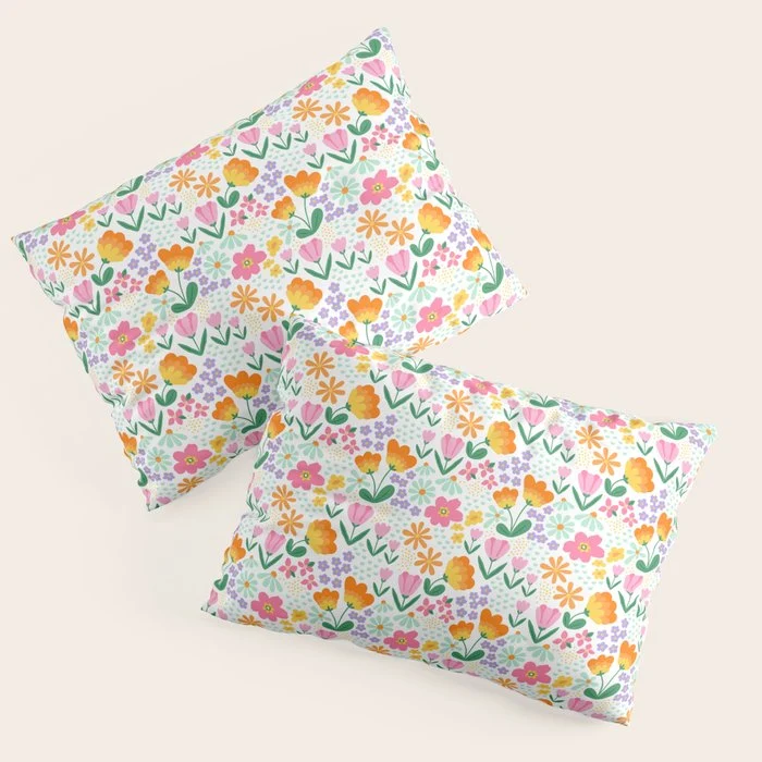 Colorful retro flower folk art pattern Pillow Sham