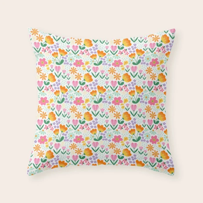 Colorful retro flower folk art pattern Throw Pillow