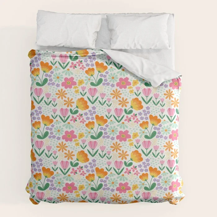 Colorful retro flower folk art pattern Duvet Cover