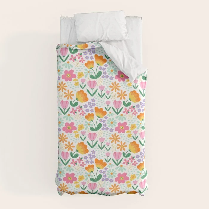 Colorful retro flower folk art pattern Duvet Cover