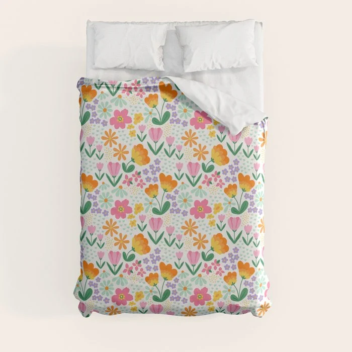Colorful retro flower folk art pattern Duvet Cover