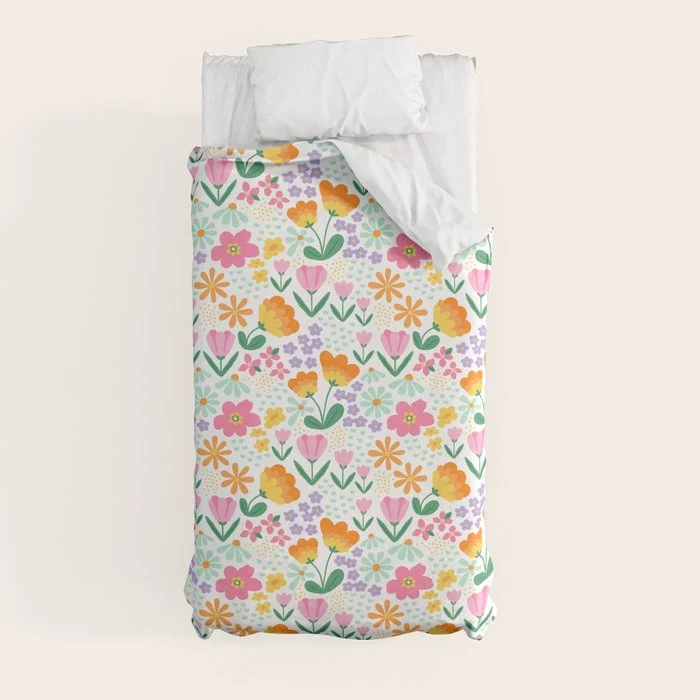 Colorful retro flower folk art pattern Duvet Cover