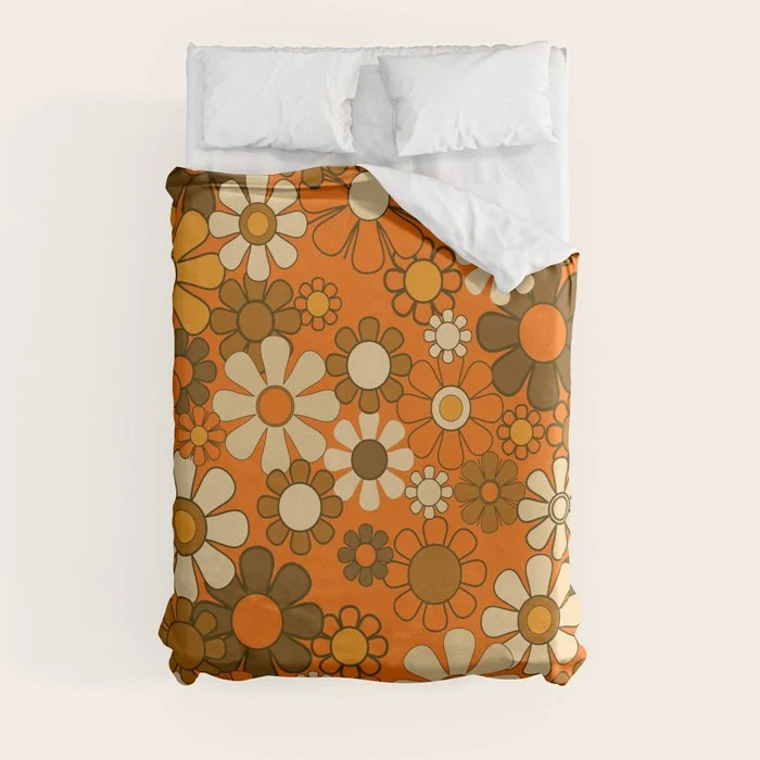 70s Retro Floral Pattern Groovy Garden Flowers in Orange and Brown Duvet Cover
