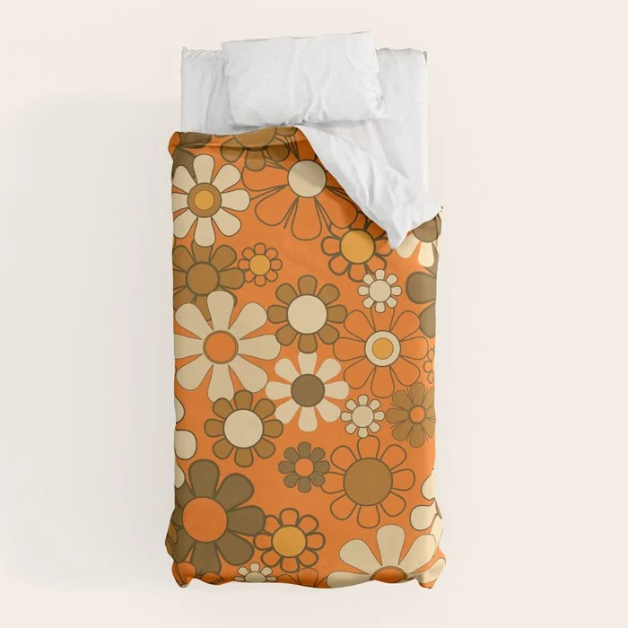 70s Retro Floral Pattern Groovy Garden Flowers in Orange and Brown Duvet Cover