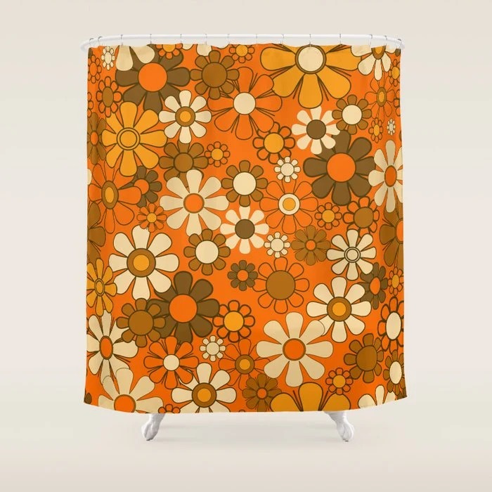 70s Retro Floral Pattern Groovy Garden Flowers in Orange and Brown Shower Curtain