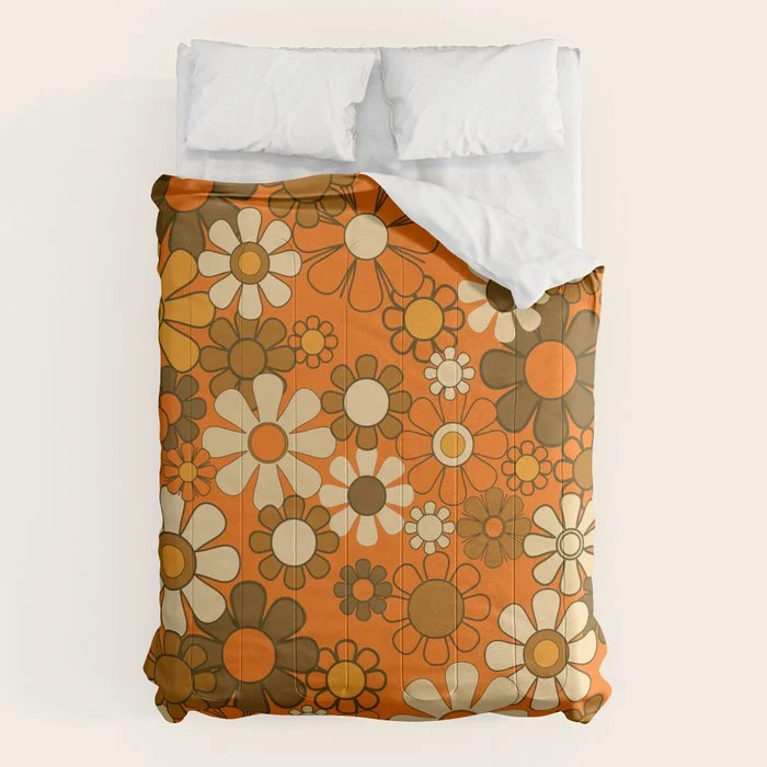 70s Retro Floral Pattern Groovy Garden Flowers in Orange and Brown Comforter