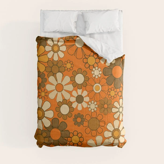 70s Retro Floral Pattern Groovy Garden Flowers in Orange and Brown Comforter