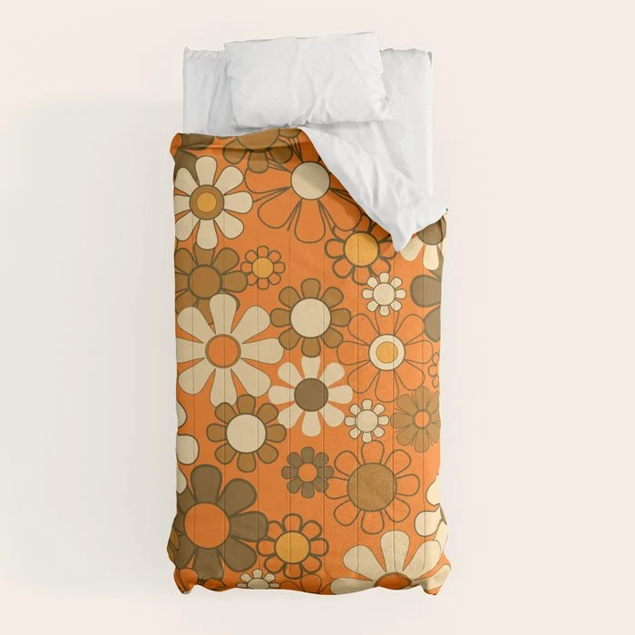 70s Retro Floral Pattern Groovy Garden Flowers in Orange and Brown Comforter