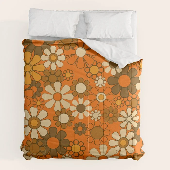 70s Retro Floral Pattern Groovy Garden Flowers in Orange and Brown Comforter