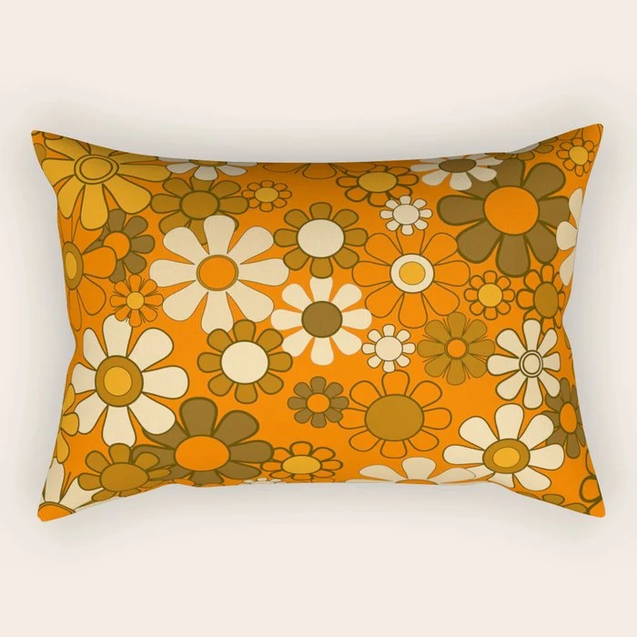 70s Retro Floral Pattern Groovy Garden Flowers in Orange and Brown Rectangular Pillow