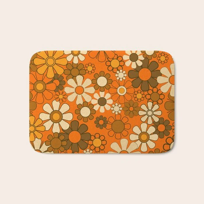70s Retro Floral Pattern Groovy Garden Flowers in Orange and Brown Bath Mat