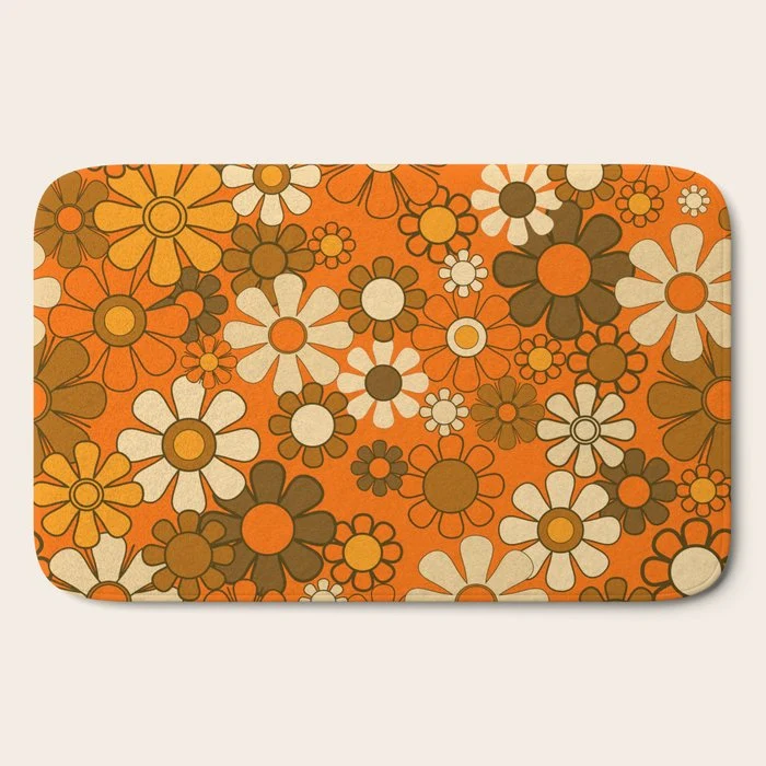 70s Retro Floral Pattern Groovy Garden Flowers in Orange and Brown Bath Mat