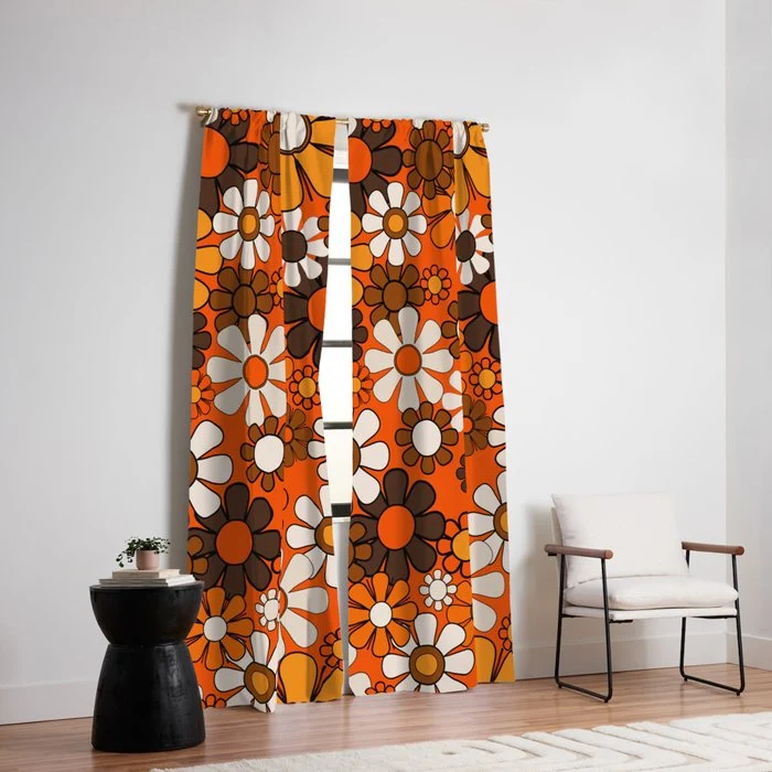 Retro 70s Floral Pattern Groovy Garden Flowers in Orange and Brown Window Curtain