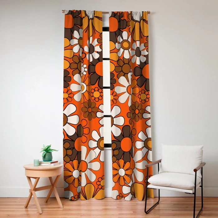 Retro 70s Floral Pattern Groovy Garden Flowers in Orange and Brown Window Curtain