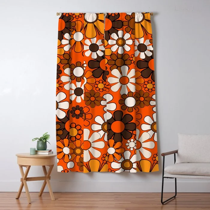 Retro 70s Floral Pattern Groovy Garden Flowers in Orange and Brown Window Curtain