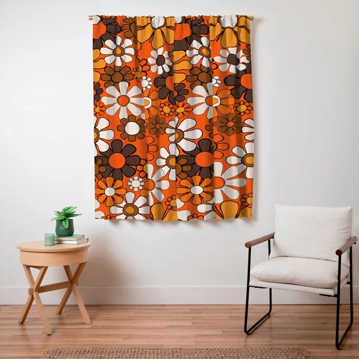 Retro 70s Floral Pattern Groovy Garden Flowers in Orange and Brown Window Curtain