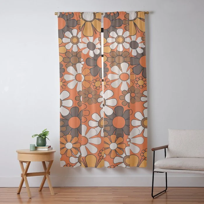 Retro 70s Floral Pattern Groovy Garden Flowers in Orange and Brown Window Curtain