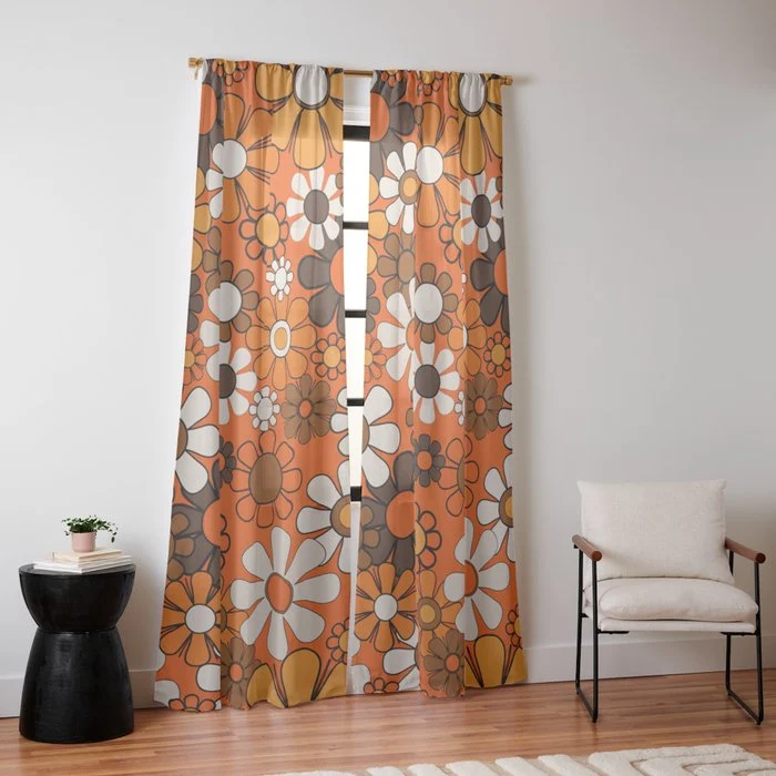 Retro 70s Floral Pattern Groovy Garden Flowers in Orange and Brown Window Curtain