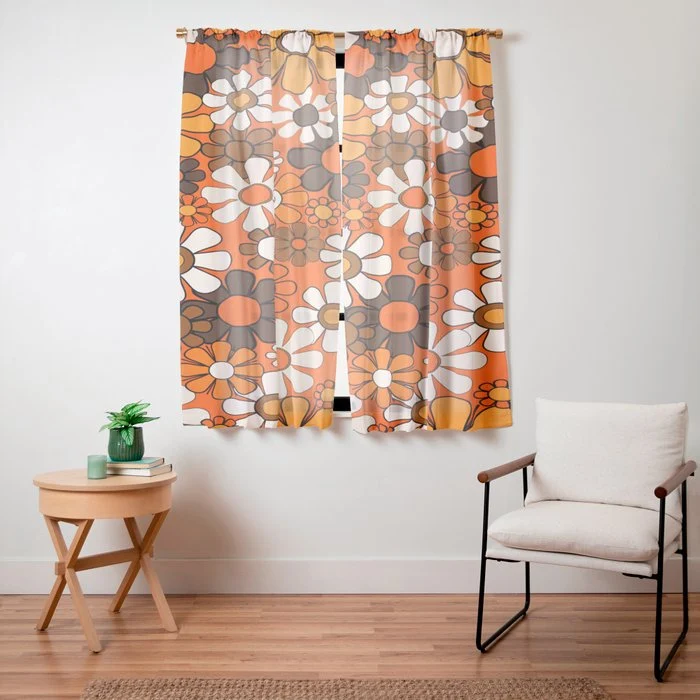 Retro 70s Floral Pattern Groovy Garden Flowers in Orange and Brown Window Curtain