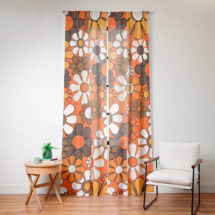 Retro 70s Floral Pattern Groovy Garden Flowers in Orange and Brown Window Curtain