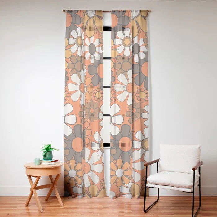 Retro 70s Floral Pattern Groovy Garden Flowers in Orange and Brown Window Curtain