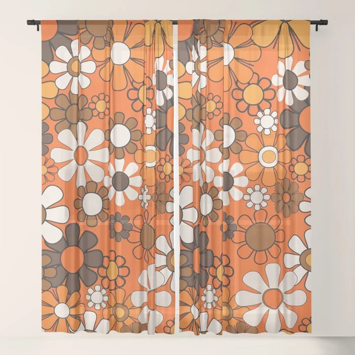 Retro 70s Floral Pattern Groovy Garden Flowers in Orange and Brown Window Curtain