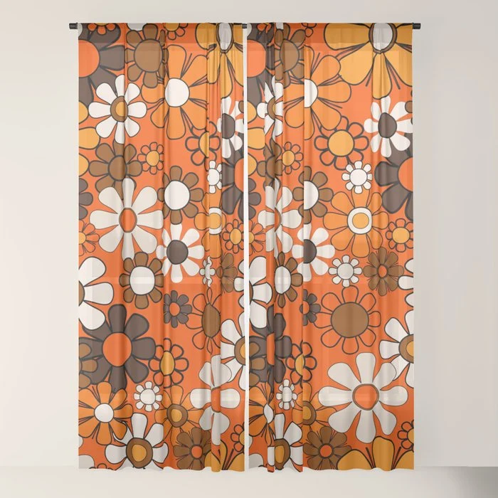 Retro 70s Floral Pattern Groovy Garden Flowers in Orange and Brown Window Curtain