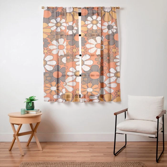 Retro 70s Floral Pattern Groovy Garden Flowers in Orange and Brown Window Curtain