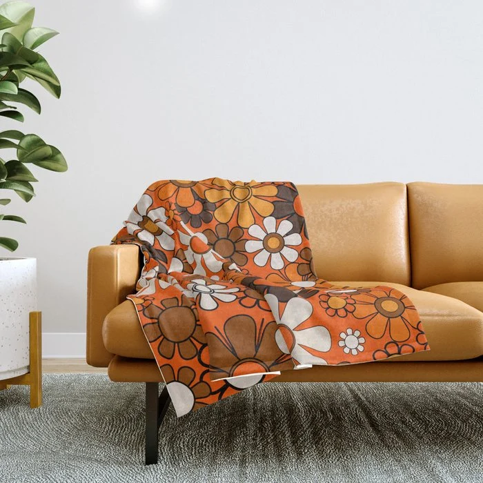 Retro 70s Floral Pattern Groovy Garden Flowers in Orange and Brown Throw Blanket