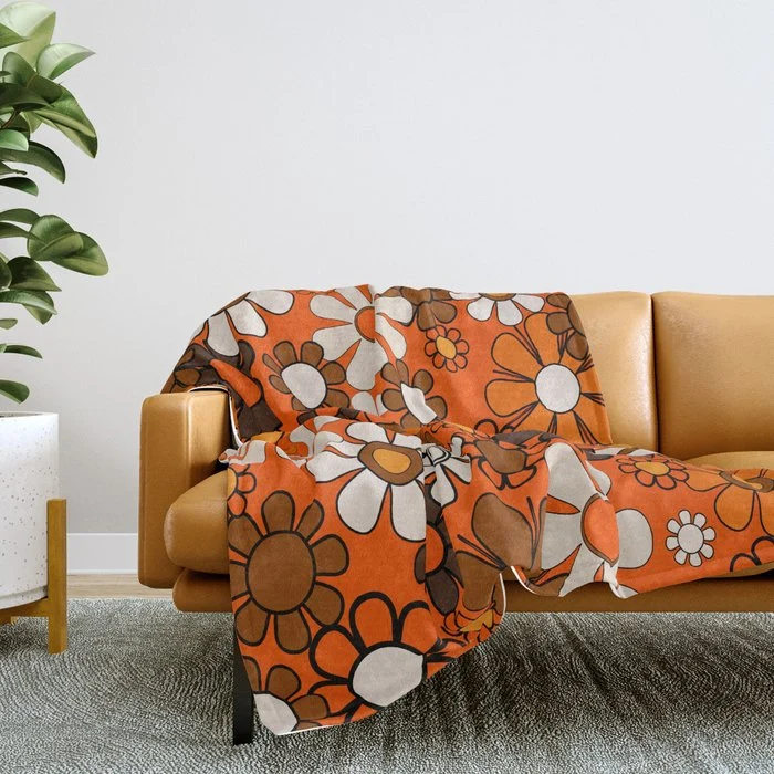 Retro 70s Floral Pattern Groovy Garden Flowers in Orange and Brown Throw Blanket