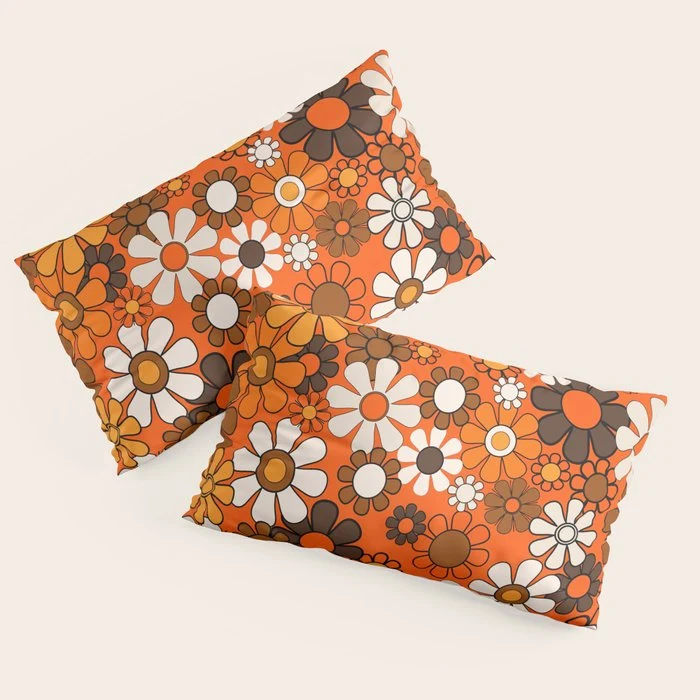 Retro 70s Floral Pattern Groovy Garden Flowers in Orange and Brown Pillow Sham