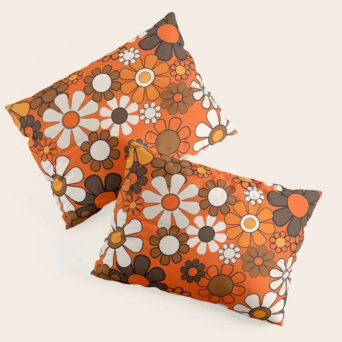 Retro 70s Floral Pattern Groovy Garden Flowers in Orange and Brown Pillow Sham