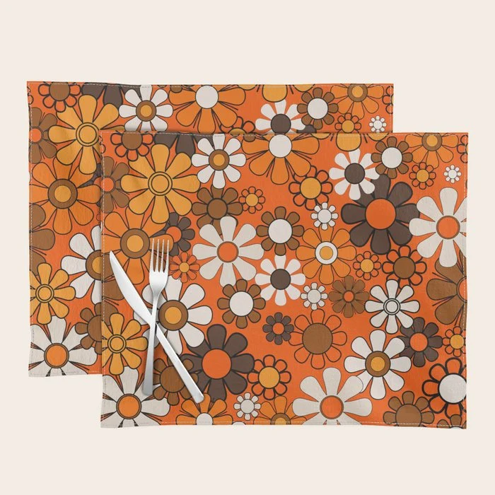 Retro 70s Floral Pattern Groovy Garden Flowers in Orange and Brown Placemat