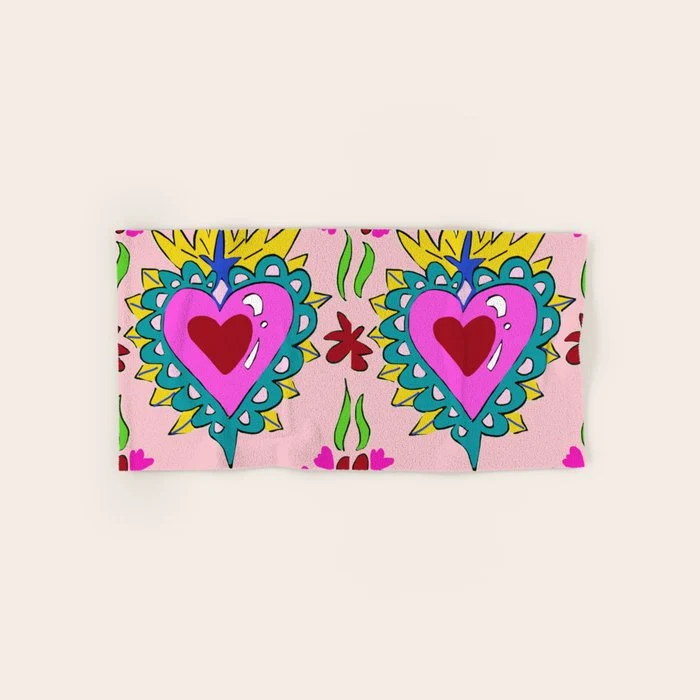 Hot Pink Sacred Hearts Bath Towel