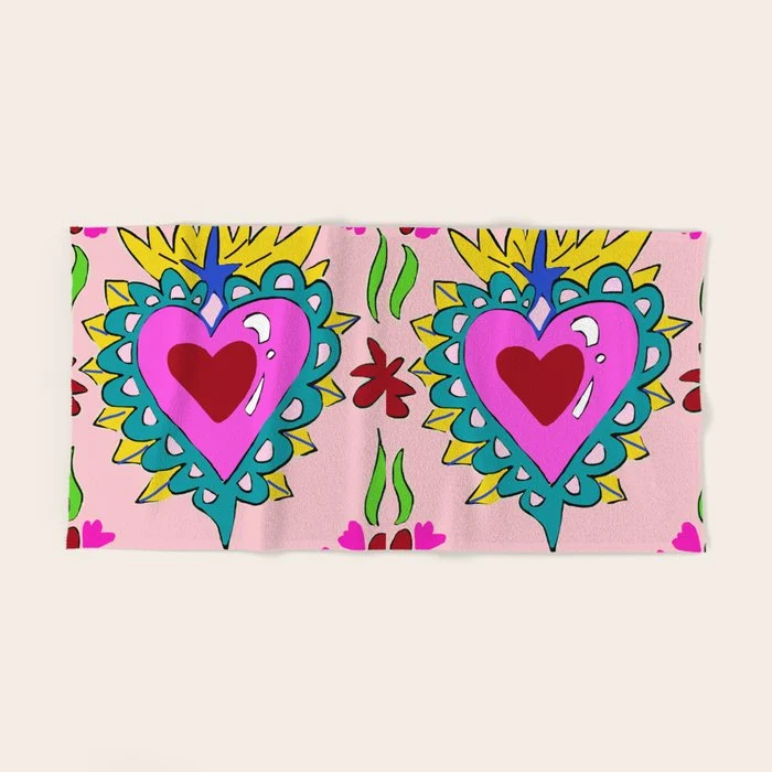 Hot Pink Sacred Hearts Bath Towel