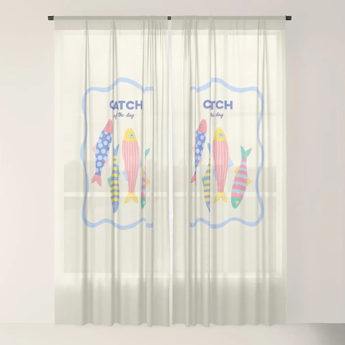 Catch of the Day - Playful Retro Sardine in fun stripes and dots Window Curtain