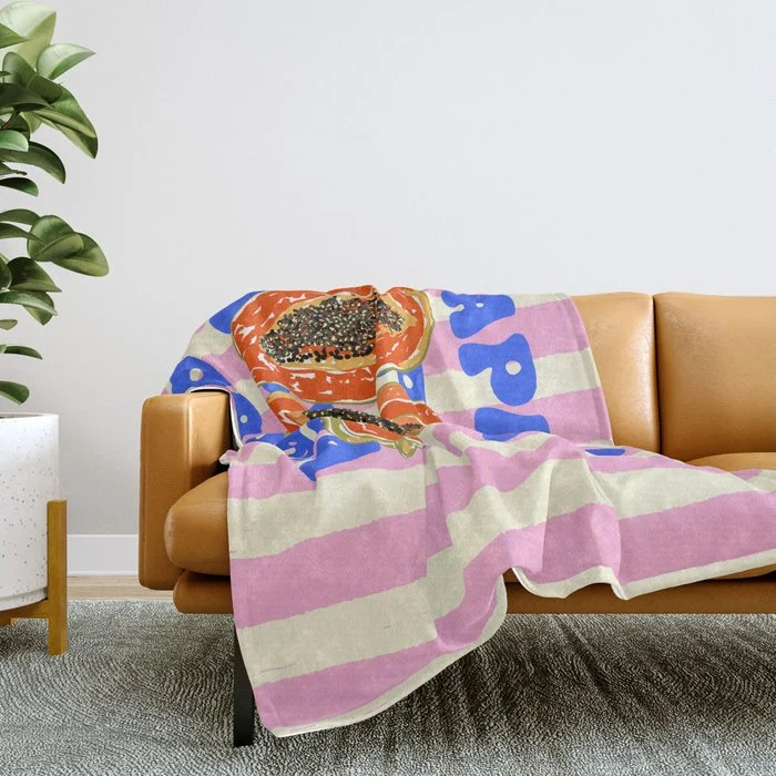 Papaya Stripes Tropical Summer Illustration Throw Blanket