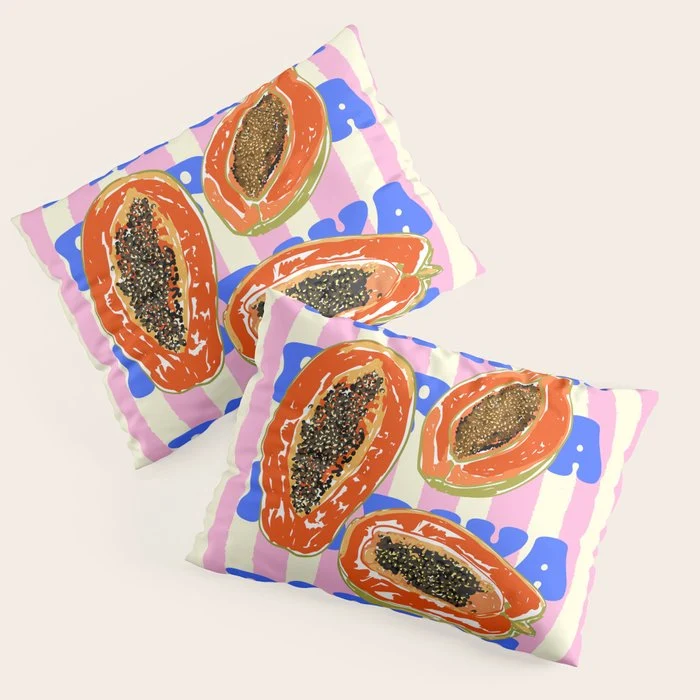 Papaya Stripes Tropical Summer Illustration Pillow Sham