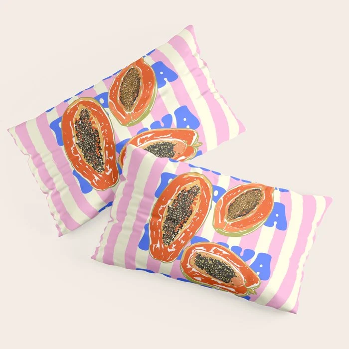 Papaya Stripes Tropical Summer Illustration Pillow Sham