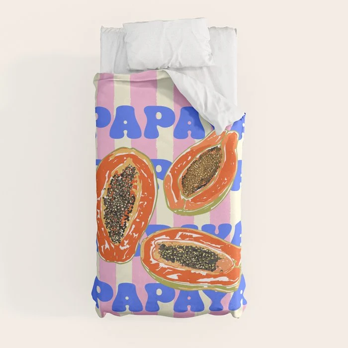 Papaya Stripes Tropical Summer Illustration Duvet Cover