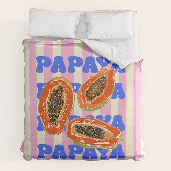 Papaya Stripes Tropical Summer Illustration Duvet Cover