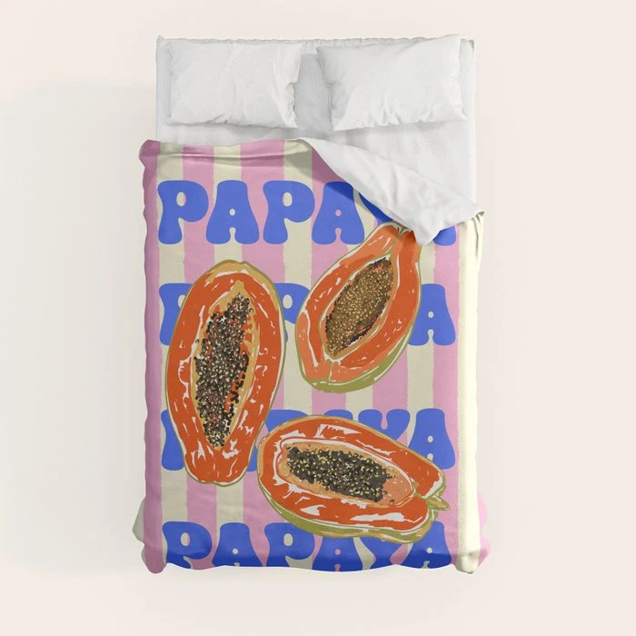 Papaya Stripes Tropical Summer Illustration Duvet Cover