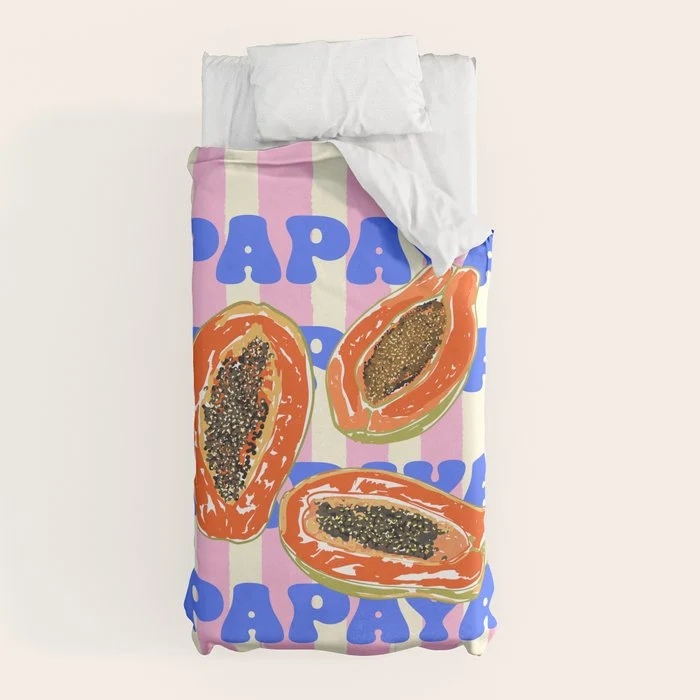 Papaya Stripes Tropical Summer Illustration Duvet Cover