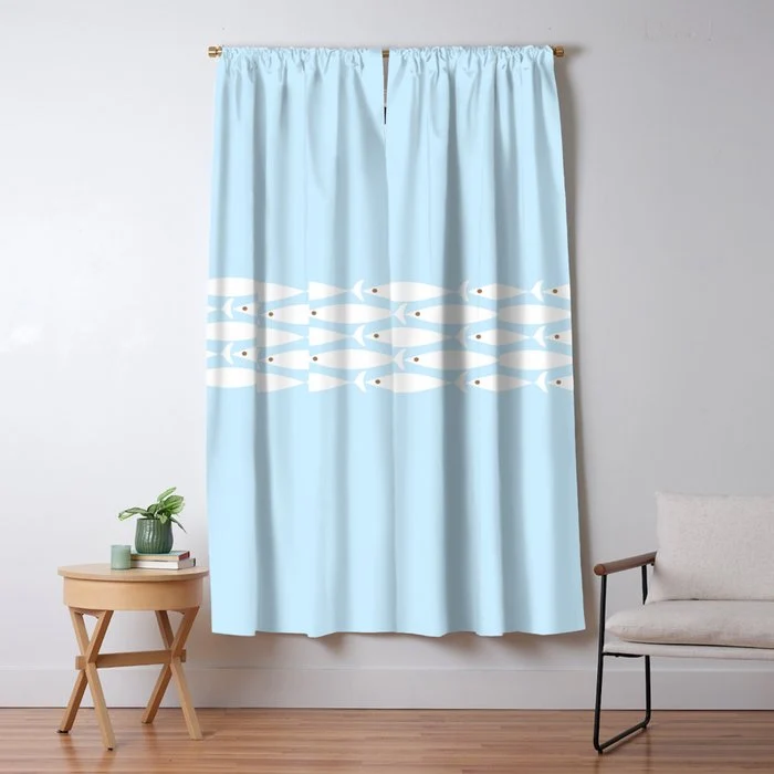 Coastal Minimalist Mid Century Modern Fish in Cool Light Blue White Brown Window Curtain