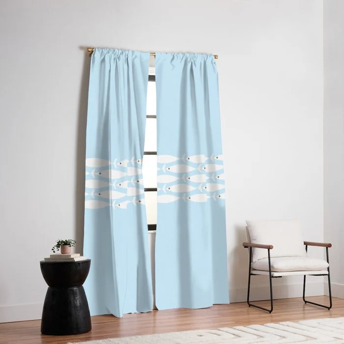 Coastal Minimalist Mid Century Modern Fish in Cool Light Blue White Brown Window Curtain
