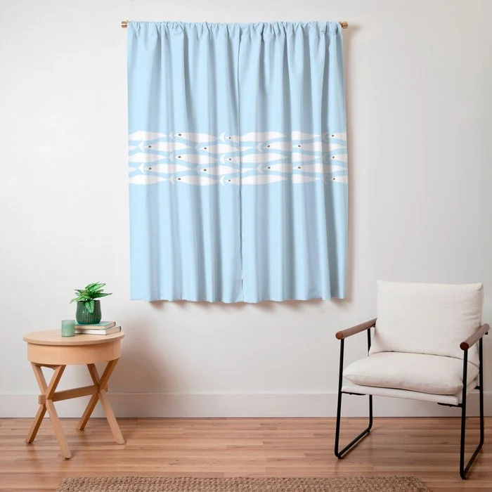 Coastal Minimalist Mid Century Modern Fish in Cool Light Blue White Brown Window Curtain