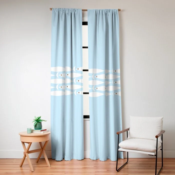 Coastal Minimalist Mid Century Modern Fish in Cool Light Blue White Brown Window Curtain