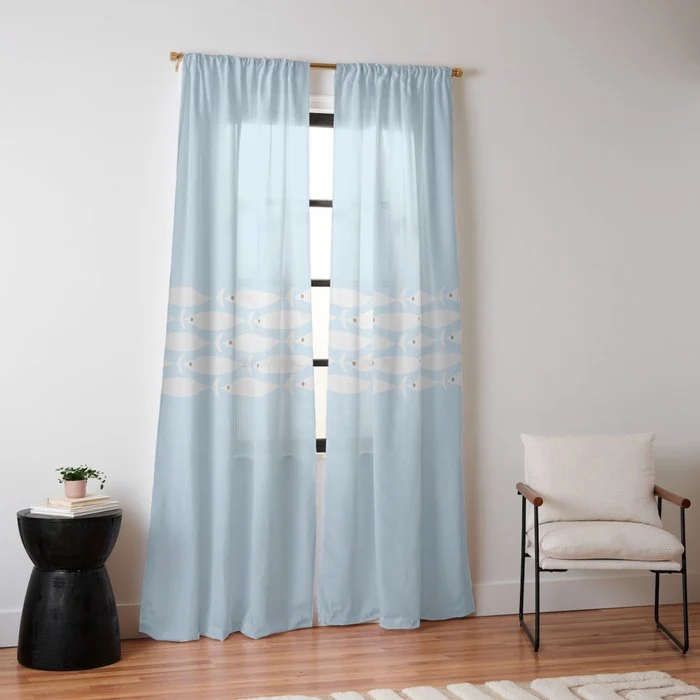 Coastal Minimalist Mid Century Modern Fish in Cool Light Blue White Brown Window Curtain